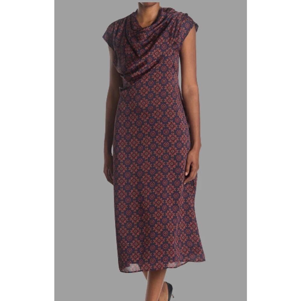 Club Monaco Drape Neck Midi Dress Size 6 Black Dark Academia Artsy Quiet Luxury